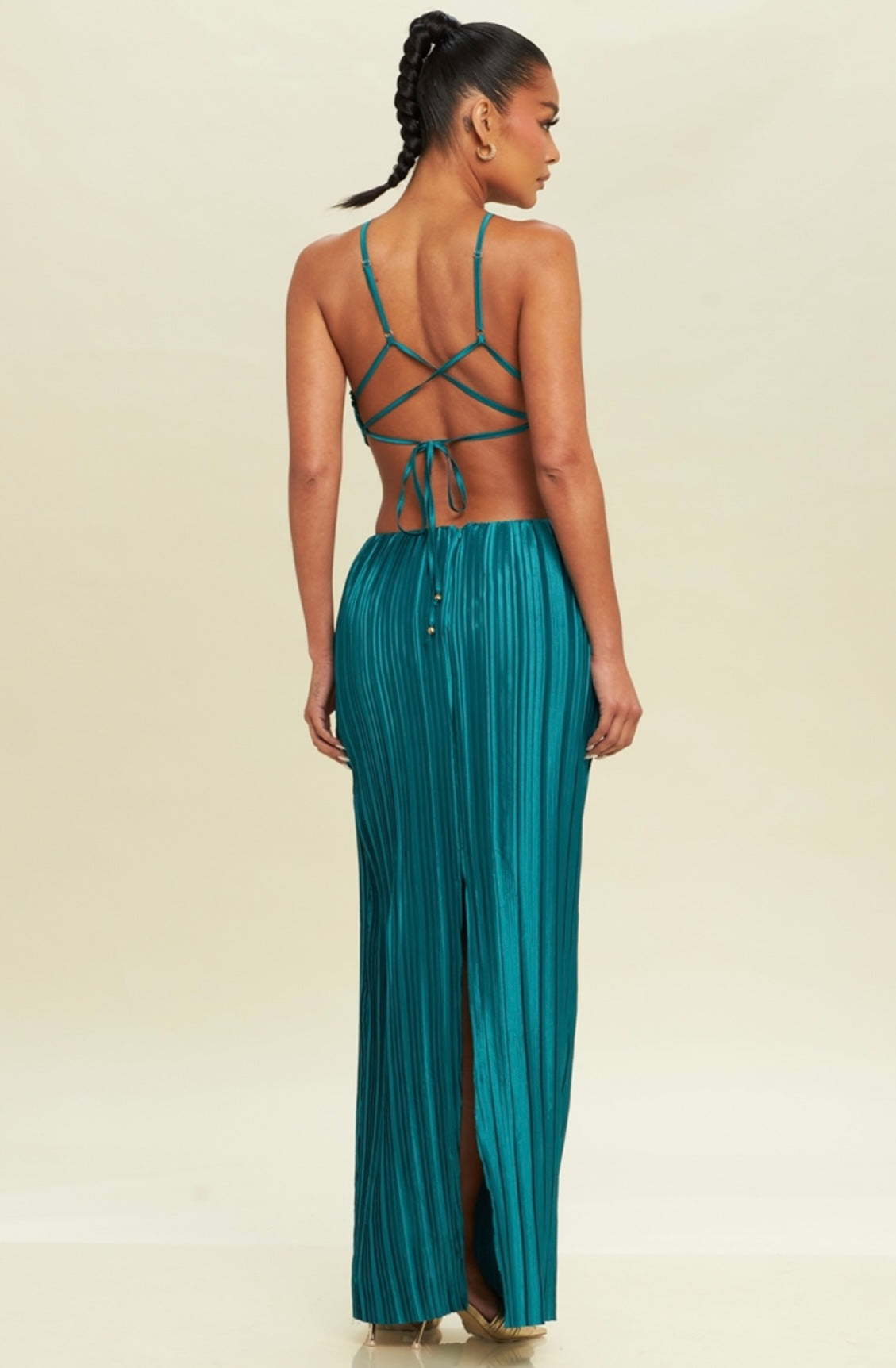 Teal Green Pleated Metal Dress